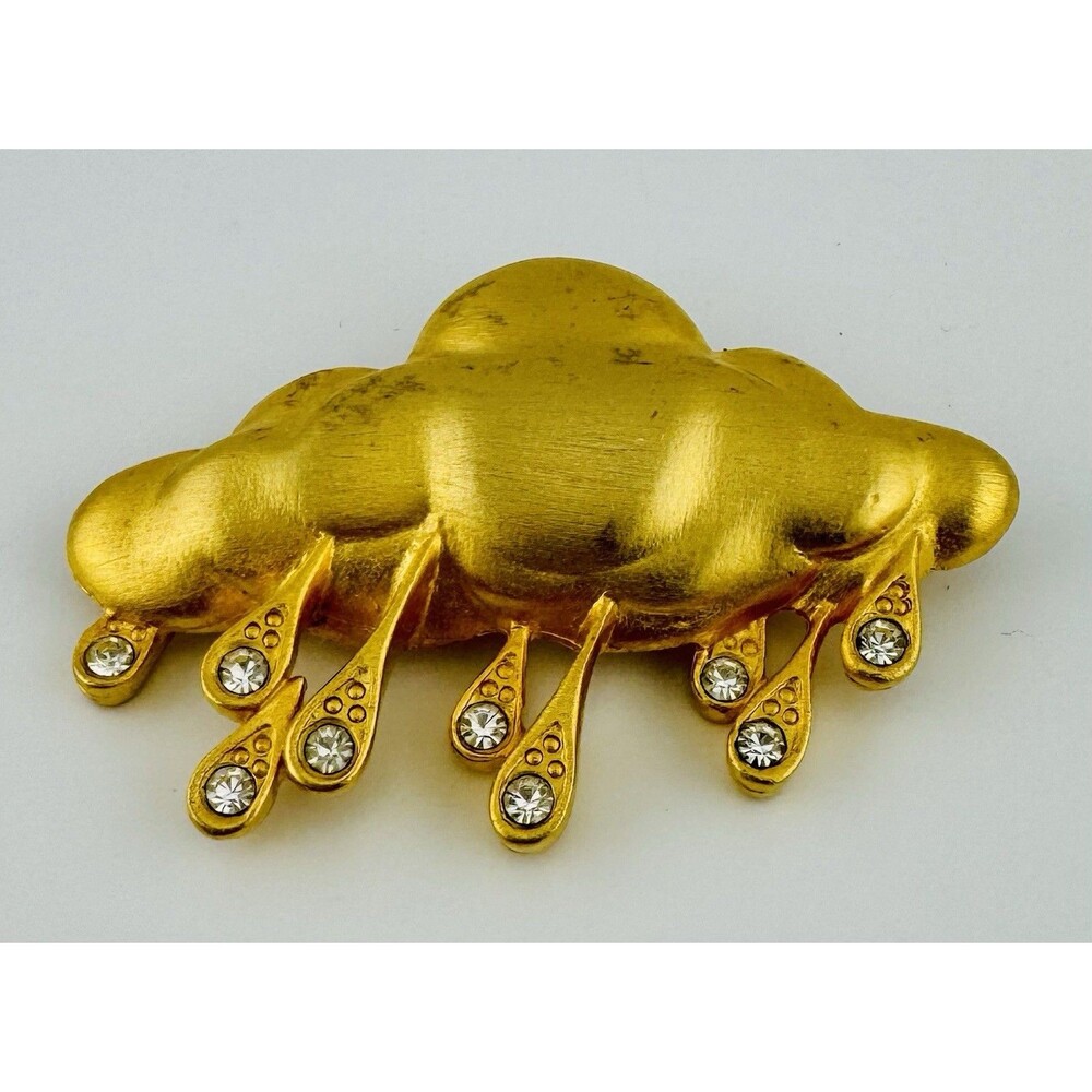 Vintage JJ Jonette Jewelry Rhinestone Rain and Cloud Matte Gold Tone Pin Brooch